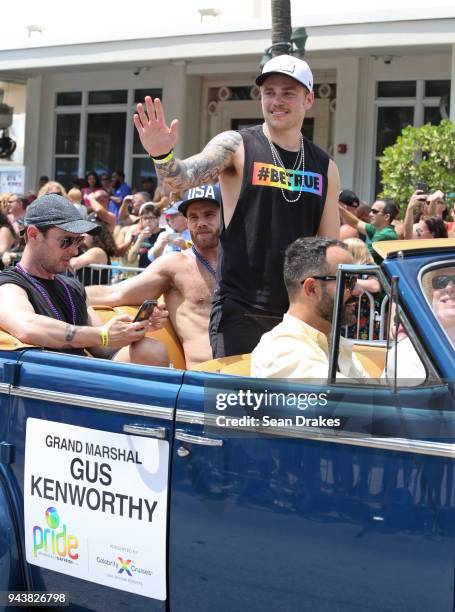 Olympian Gus Kenworthy participates as Grand Marshal of the 10th Annual Miami Beach Gay Pride celebration on South Beach on April 08, 2018 in Miami,...