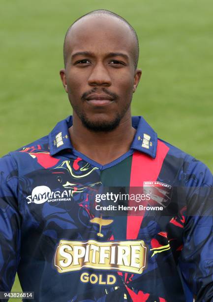 Daniel Bell-Drummond of Kent poses for a portrait in NatWest T20 Blast strip during a Kent CCC photocall at The Spitfire Ground on April 9, 2018 in...