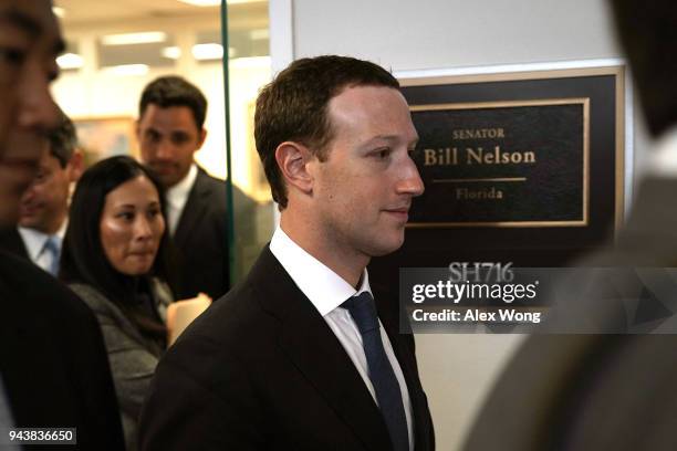 Facebook CEO Mark Zuckerberg leaves after a meeting with U.S. Sen. Bill Nelson , ranking member of the Senate Committee on Commerce, Science, and...