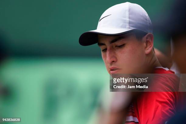Nicolas Alvarez of Peru in action against Luis Patino of Mexico during day one of the Davis Cup second round series between Mexico and Peru as part...