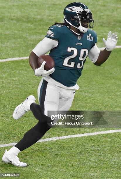 LeGarrette Blount of the Philadelphia Eagles carries the ball against the New England Patriots during Super Bowl LII at U.S. Bank Stadium on February...