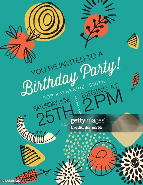 retro mid century modern style birthday party invitation - happy birthday flowers images stock illustrations