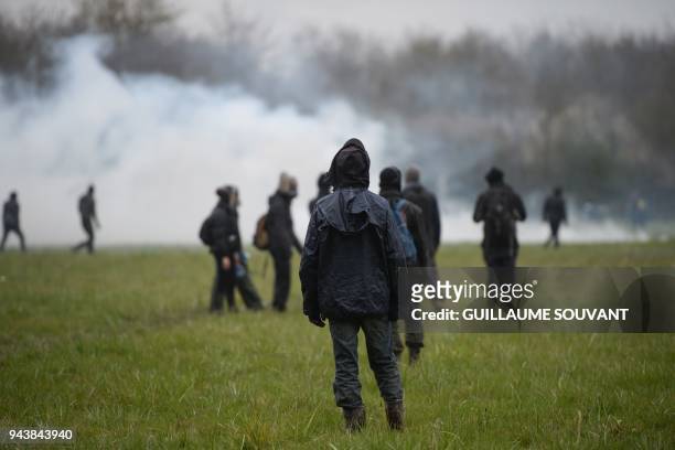 Protesters clash with anti-riot policemen in the ZAD in Notre-Dame-des-Landes, western France, on April 9 during a huge security operation to clear a...