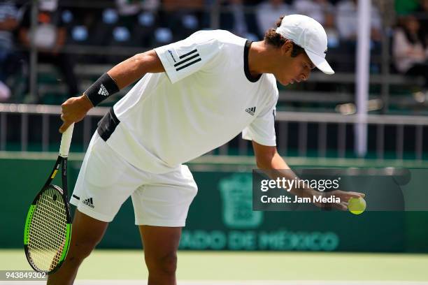 Juan Pablo Varillas of Peru in action against Gerardo Lopez of Mexico during day one of the Davis Cup second round series between Mexico and Peru as...