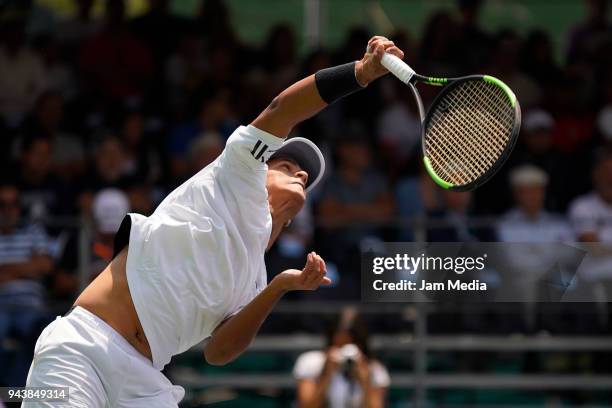 Juan Pablo Varillas of Peru serves against Gerardo Lopez of Mexico during day one of the Davis Cup second round series between Mexico and Peru as...