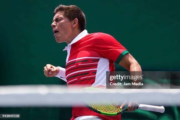 Gerardo Lopez of Mexico celebrates in match against Juan Pablo Varillas of Peru during day one of the Davis Cup second round series between Mexico...