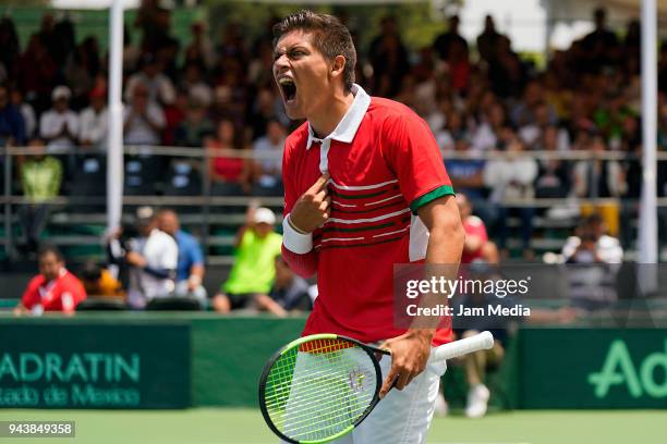 Gerardo Lopez of Mexico celebrates in match against Juan Pablo Varillas of Peru during day one of the Davis Cup second round series between Mexico...