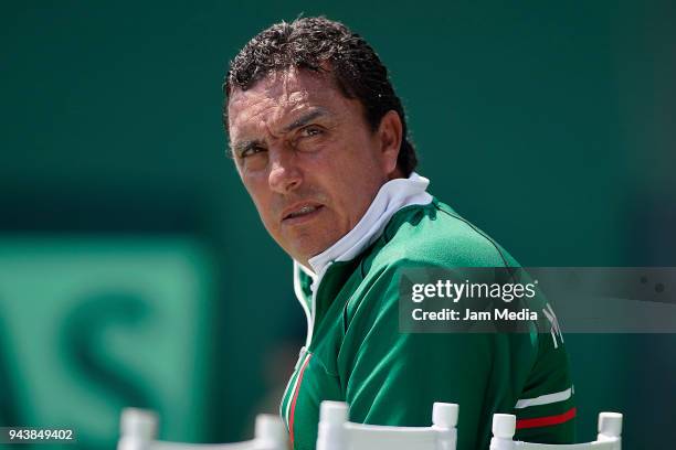 Leonardo Lavalle Captain of Mexico looks on during of Mexico look on during day one of the Davis Cup second round series between Mexico and Peru as...