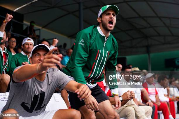 Gerardo Lopez and Manuel Sanchez of Mexico react during day one of the Davis Cup second round series between Mexico and Peru as part of the Group II...