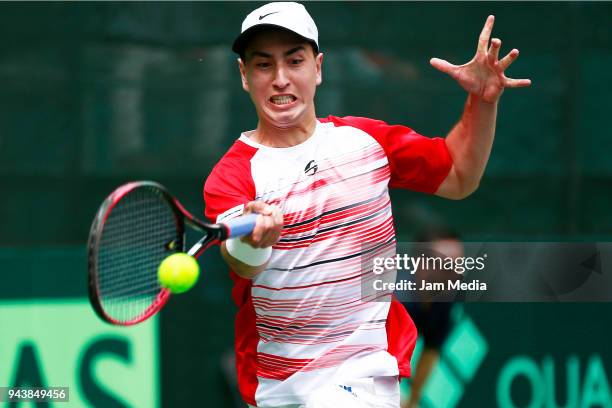 Juan Pablo Varillas of Peru in match against Gerardo Lopez of Mexico during day one of the Davis Cup second round series between Mexico and Peru as...