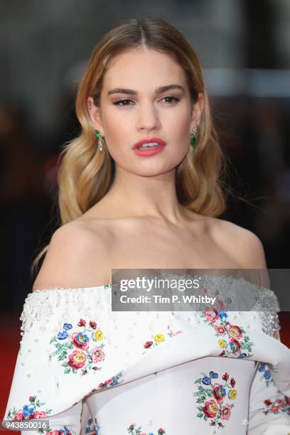 Actress Lily James attends 'The Guernsey Literary And Potato Peel Pie Society' World Premiere at The Curzon Mayfair on April 9, 2018 in London,...