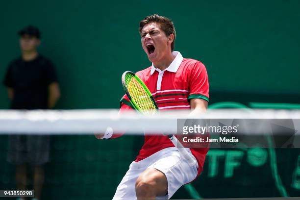 Gerardo Lopez of Mexico celebrates in match against Juan Pablo Varillas of Peru during day one of the Davis Cup second round series between Mexico...