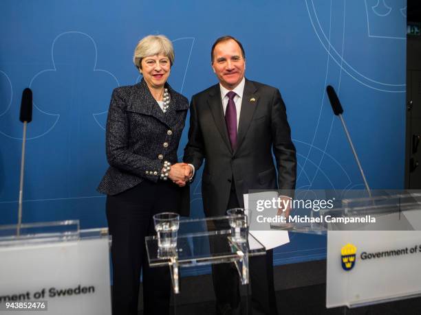 British Prime Minister Theresa May holds a joint press conference with the Swedish Prime Minister Stefan Lofven at the Rosenbad government office on...