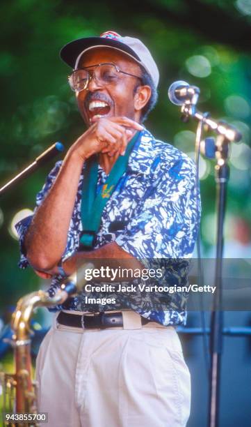 American jazz musician Jimmy Heath on tenor saxophone performs with his Big Band at the 4th Annual Charlie Parker Jazz Festival in Tompkins Square...