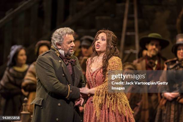 Spanish tenor Placido Domingo and Bulgarian soprano Sonya Yoncheva perform at the final dress rehearsal prior to the season revival of the 1990...