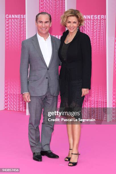 Corinne Touzet and a guest attend "Aqui En La Tierra" and "Il Cacciatore" screening during the 1st Cannes International Series Festival at Palais des...