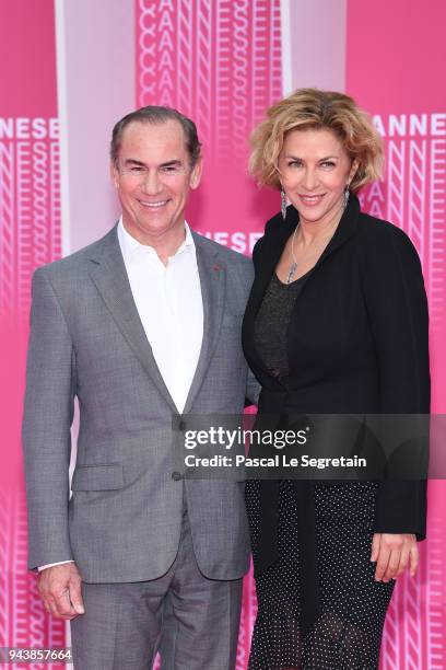 Corinne Touzet and a guest attend "Aqui En La Tierra" and "Il Cacciatore" screening during the 1st Cannes International Series Festival at Palais des...