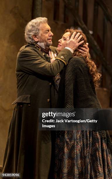 Spanish tenor Placido Domingo and Bulgarian soprano Sonya Yoncheva perform at the final dress rehearsal prior to the season revival of the 1990...