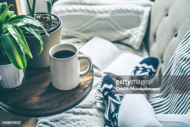jonge vrouw koffie te genieten en ontspannen op een bank met een boek - white blanket stockfoto's en -beelden