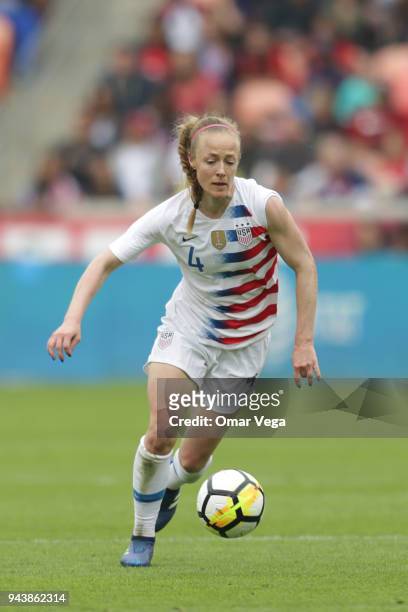 Becky Sauerbrunn of United States drives the ball during the match between Mexico and United States at BBVA Compass Stadium on April 8, 2018 in...