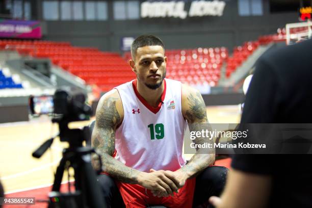 Chris Babb, #19 of Lokomotiv Kuban Krasnodar speaks to the media during the 7DAYS EuroCup Basketball Finals Lokomotiv Kuban Krasnodar Training...