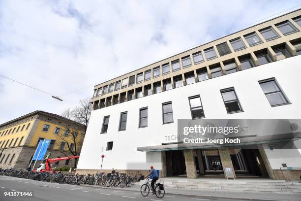 The main entrance of the Main Campus of the Technical University of Munich on April 9, 2018 in Munich, Germany. The university is celebrating the...