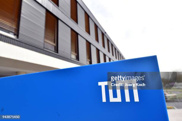 The Logo of the Technical University of Munich in front of the 'UnternehmerTUM - Center for Innovation and Business Creation at TU Muenchen' on April...