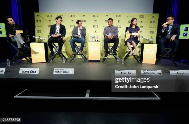 Justin Nemeth, James Chen, Michael Lebensfeld, Cung Le, Catherine Ling and Tou U speak during the Global Entertainment Industry Summit at the...