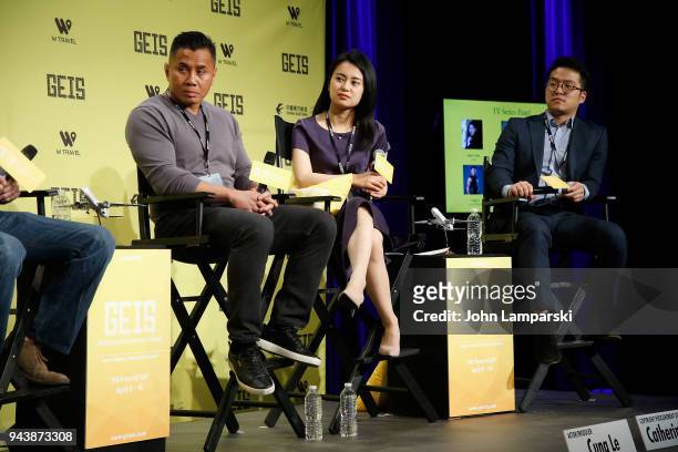 Cung Le, Catherine Ling and Tou U speak during the Global Entertainment Industry Summit at the Manhattan Center on April 9, 2018 in New York City.
