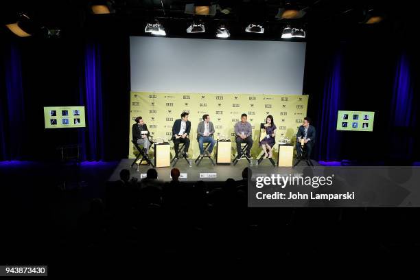 Justin Nemeth, James Chen, Michael Lebensfeld, Cung Le, Catherine Ling and Tou U speak during the Global Entertainment Industry Summit at the...