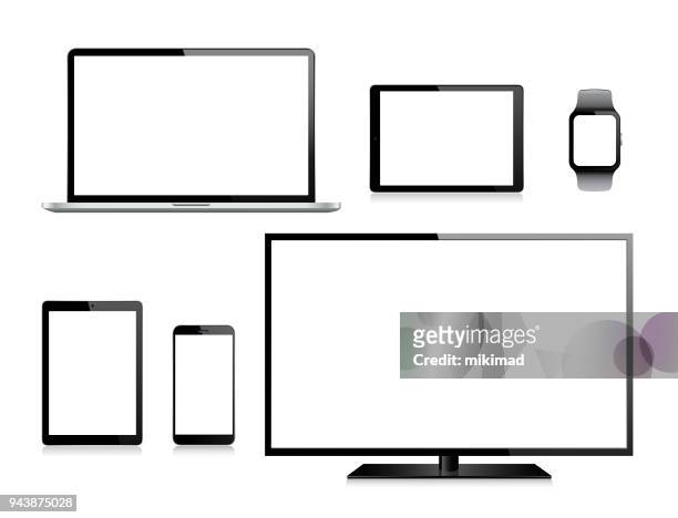 illustrazioni stock, clip art, cartoni animati e icone di tendenza di tablet, telefono cellulare, laptop, tv e smart watch - monitor