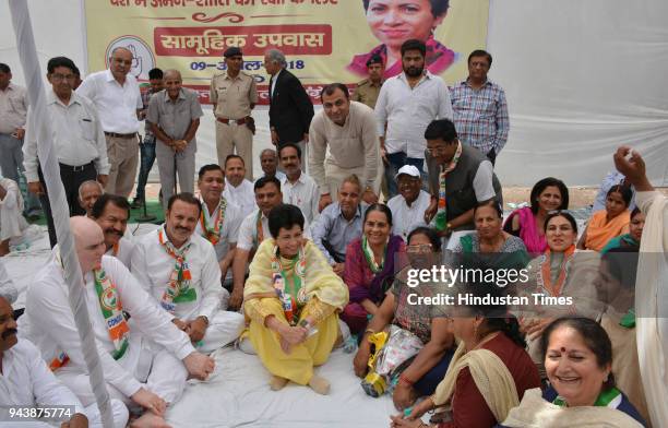 Kumari Selja addressing people during the hunger strike at Agrasen road, Sector 16, on April 9, 2018 in Panchkula, India.