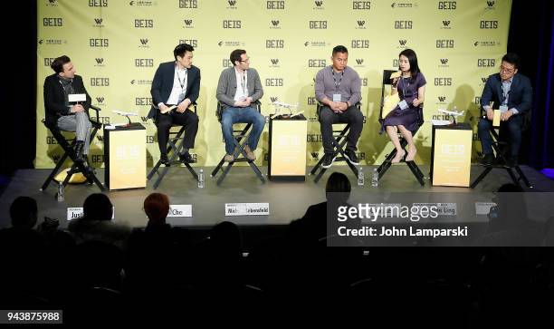 Justin Nemeth, James Chen, Michael Lebensfeld, Cung Le, Catherine Ling and Tou U speak during the Global Entertainment Industry Summit at the...