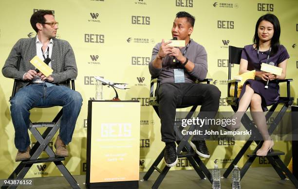 Michael Lebensfeld, Cung Le and Catherine Ling speak during the Global Entertainment Industry Summit at the Manhattan Center on April 9, 2018 in New...