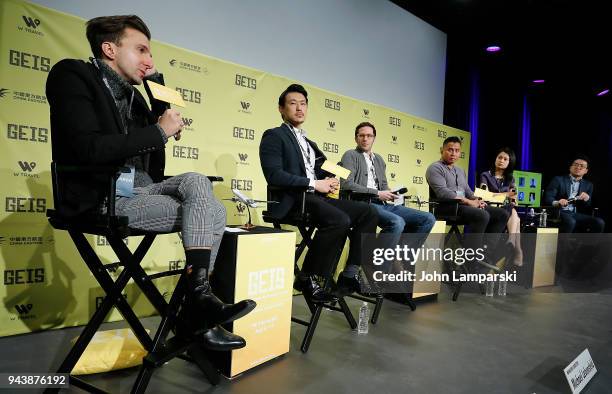 Justin Nemeth, James Chen, Michael Lebensfeld, Cung Le, Catherine Ling and Tou U speak during the Global Entertainment Industry Summit at the...