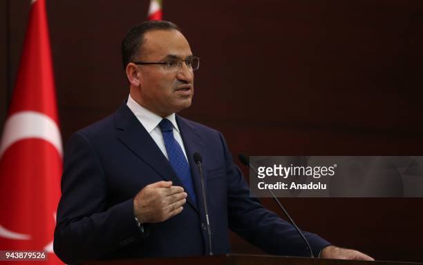 Turkish Deputy Prime Minister and government spokesperson Bekir Bozdag gives a speech during a press conference after the cabinet meeting in Ankara,...