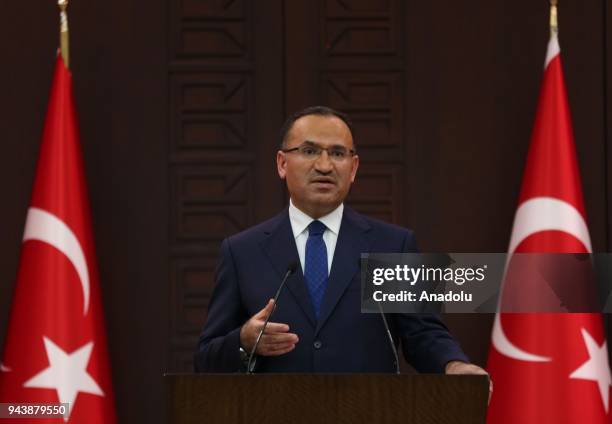 Turkish Deputy Prime Minister and government spokesperson Bekir Bozdag gives a speech during a press conference after the cabinet meeting in Ankara,...