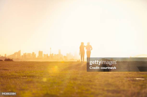 silhouet van 2 vrouwen wandelen in het park. - woman running silhouette stockfoto's en -beelden