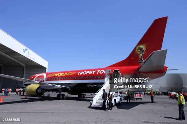 Picture of the plane transporting the FIFA World Cup trophy during the World Cup trophy tour, taken upon landing at Miguel Hidalgo International...