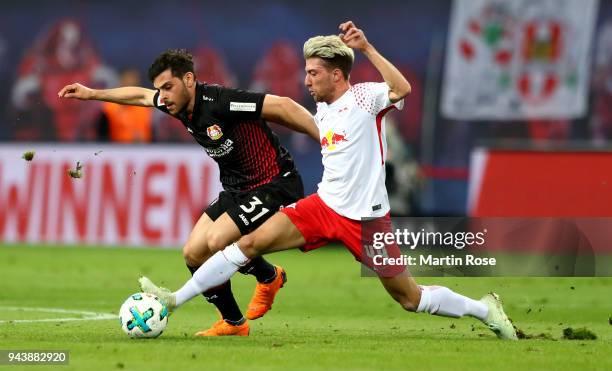 Kevin Kampl of Leipzig and Kevin Volland of Leverkusen battle for the ball during the Bundesliga match between RB Leipzig and Bayer 04 Leverkusen at...