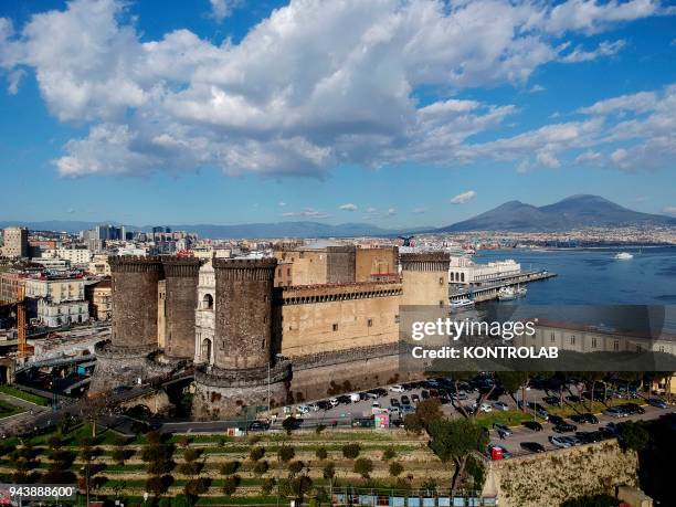 Aerial view of a Maschio Angioino Castle, in downtown Naples city, Campania region, southern Italy.