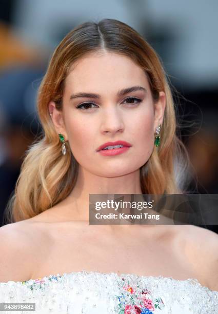 Lily James attends 'The Guernsey Literary And Potato Peel Pie Society' World Premiere at The Curzon Mayfair on April 9, 2018 in London, England.