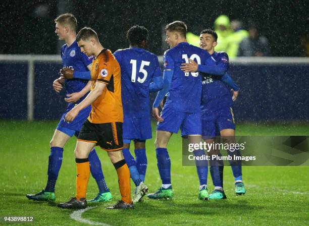 Harvey Barnes of Leicester City celebrates with Josh Gordon and Josh Eppiah of Leicester City after scoring to make it 2-0 during the Premier League...
