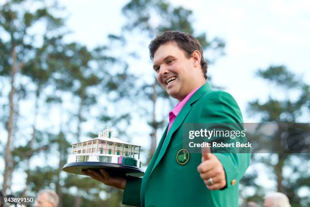 Patrick Reed victorious, holding The Masters Trophy after Sunday play at Augusta National. Augusta, GA 4/8/2018 CREDIT: Robert Beck