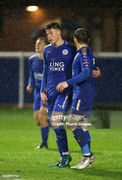 Harvey Barnes of Leicester City celebrates with Connor wood of Leicester City after scoring to make it 2-0 during the Premier League Cup Quarter...