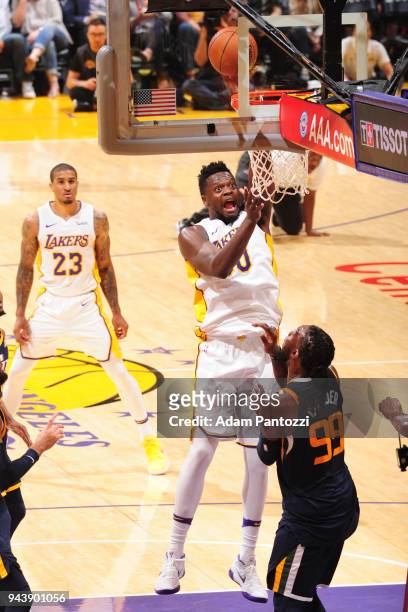 Julius Randle of the Los Angeles Lakers goes to the basket against the Utah Jazz on April 8, 2018 at STAPLES Center in Los Angeles, California. NOTE...