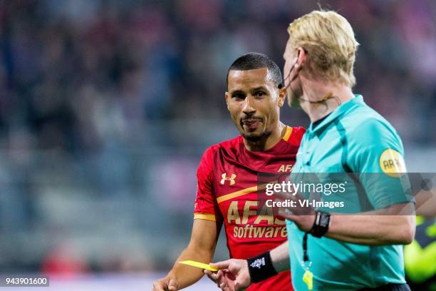 Ricardo van Rhijn of AZ, referee Kevin Blom during the Dutch Eredivisie match between AZ Alkmaar and PSV Eindhoven at AFAS stadium on April 07, 2018...