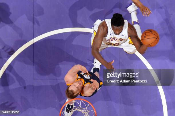 Julius Randle of the Los Angeles Lakers goes to the basket against the Utah Jazz on April 8, 2018 at STAPLES Center in Los Angeles, California. NOTE...