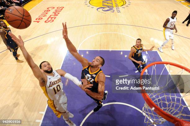 Tyler Ennis of the Los Angeles Lakers goes to the basket against the Utah Jazz on April 8, 2018 at STAPLES Center in Los Angeles, California. NOTE TO...