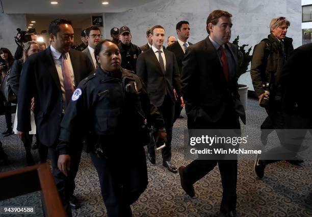 Facebook CEO Mark Zuckerberg leaves the office of Sen. Dianne Feinstein after meeting with Feinstein on Capitol Hill on April 9, 2018 in Washington,...